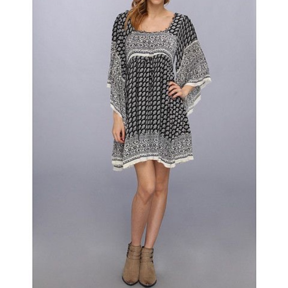 Free People “Heart of Gold” Navy and White Boho Print Mini Dress - Picture 2 of 10